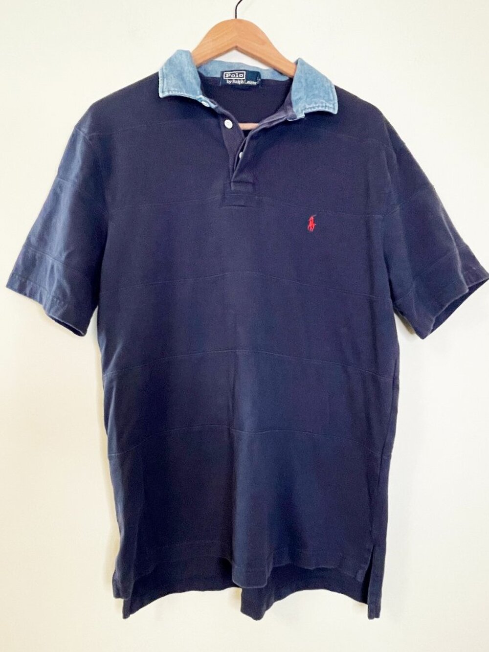 Vintage Polo Ralph Lauren Navy Blue Denim Collar Polo Shirt Mens Large